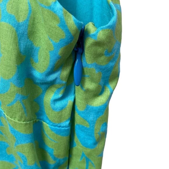 GARNET HILL Cotton Dress Size 8 Green Blue Boho Preppy Print Sleeveless Sash Tie - Picture 7 of 13